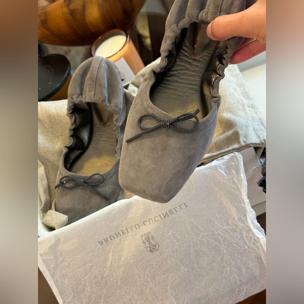 Brunello Cucinelli Square Toe Dark Grey Suede Ballet Flats 39 - Picture 2 of 11
